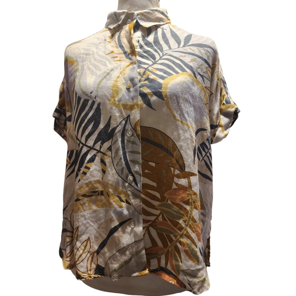 C&C California 100% Linen Tropical Leaf Print Button Down Shirt Womens Size S